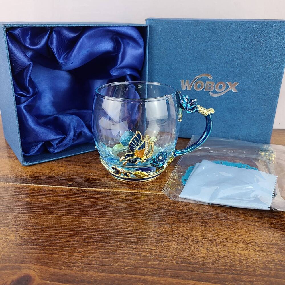 Enamel Ormolu Floral Butterfly Glass Tea Coffee Cup Coaster Matching Spoon